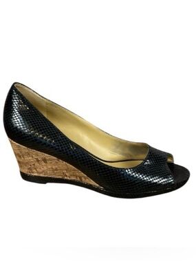 Naturalizer N5 Nelma Black Snake Skin Design Peep-Toe Cork Wedge Shoes Sz 9
